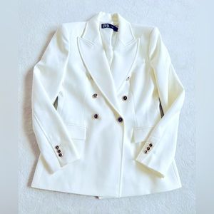 Zara Womens White Jacket Double Breasted Gold Buttoned Blazer Size S